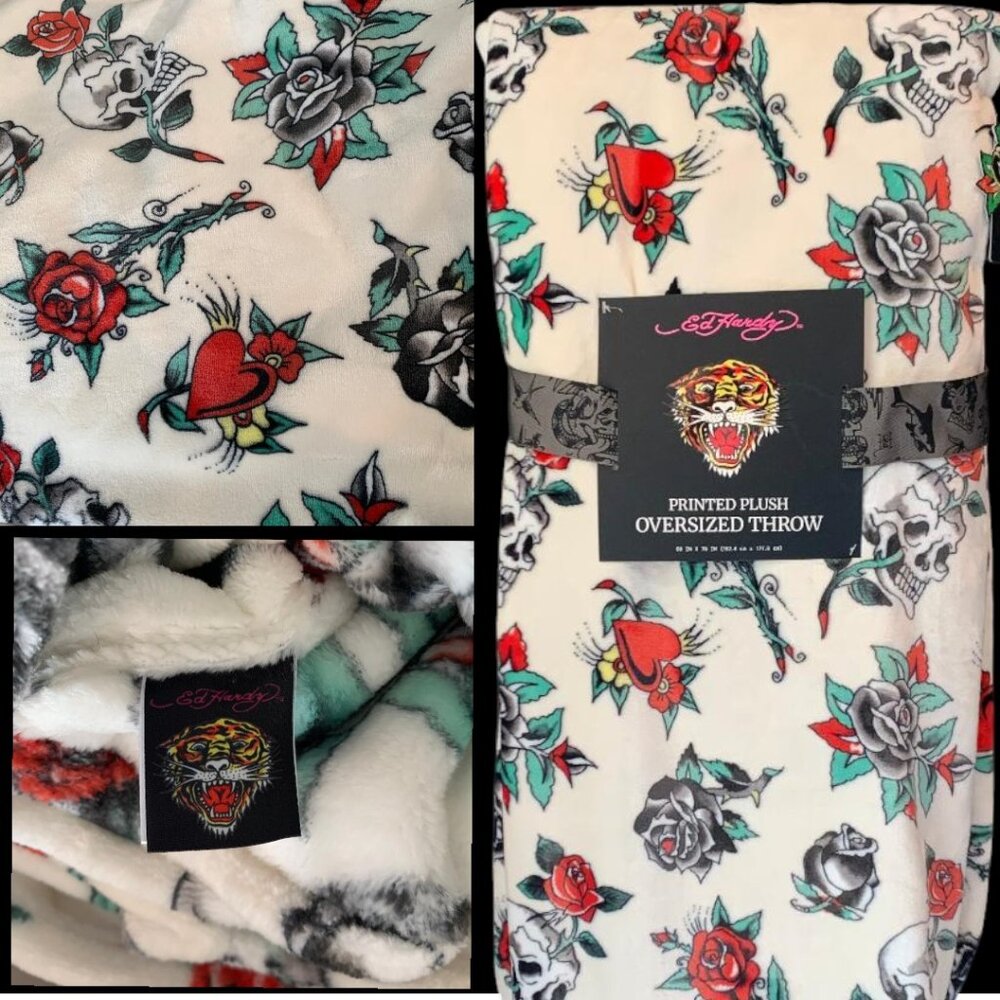 Ed Hardy Throw Cream Tattoo Skulls Roses 60x70 NWT Oversized Plush